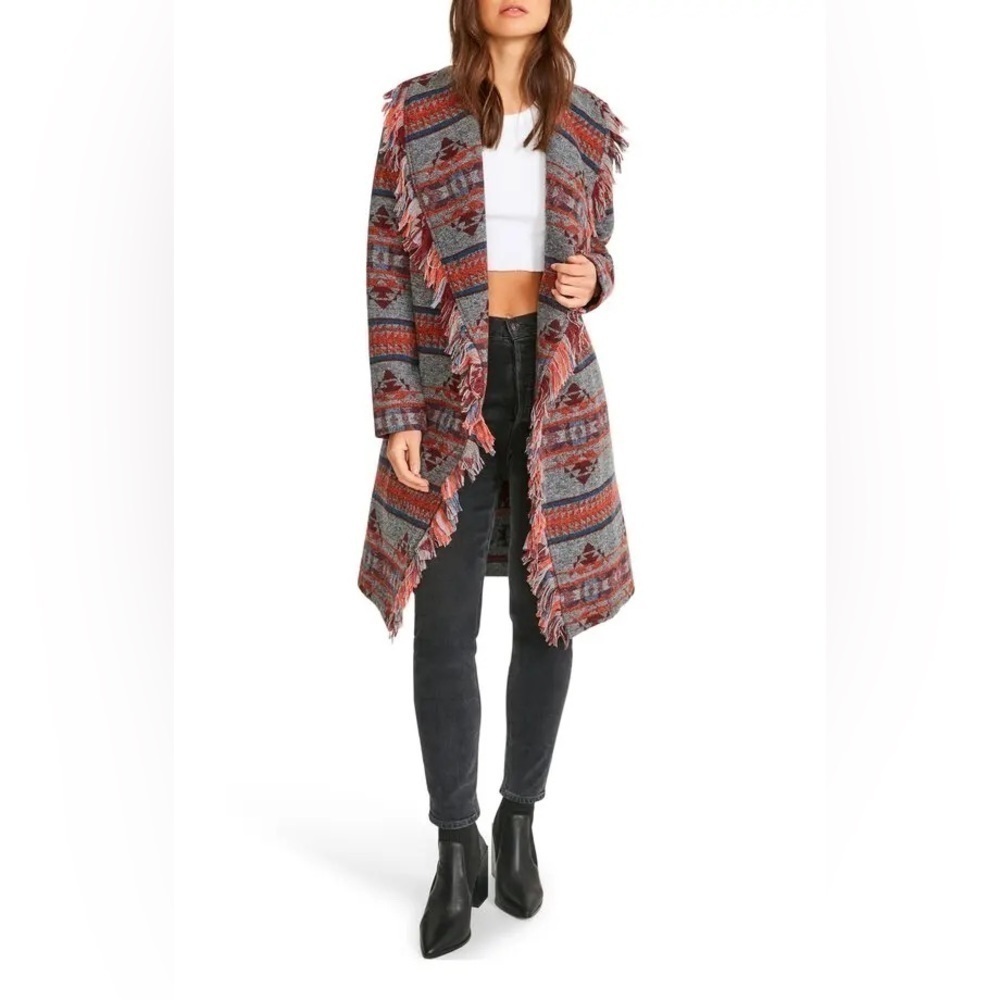 Fringed Patterned Open-Front Coatigan - Red Multi